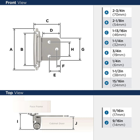 Technical diagram of ✝️ 2-Pack Cabinet Hinge Variable Overlay 𝐇inge Polished Chrome 2 Pack Self-Closing 𝖧inge Face Mount detailing dimensions.
