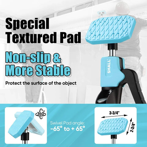 Special textured pad on Cabinet Jack Support Pole for stability and protection in drywall lifting.