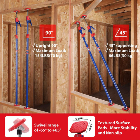 Cabinet Jack Support Pole, 54-114 Inches Steel Telescopic Quick Support Rod Adjustable 3rd Hand Support System, installed upright and angled.