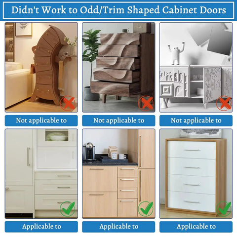 Comparison of various cabinet designs showing the applicability of the Cabinet Hardware Jig With Automatic Center Punch.