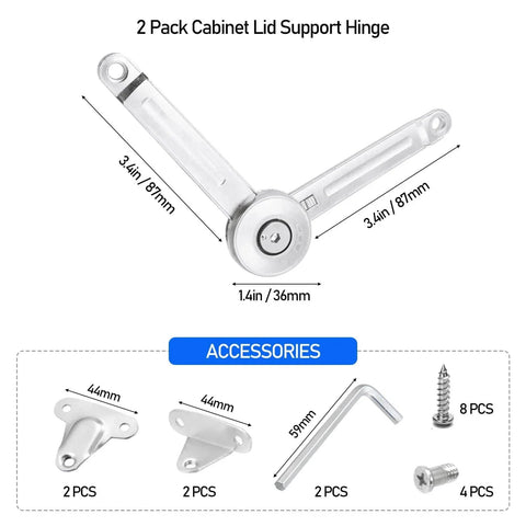 2 Pack Cabinet Lid Support Hinge, 50 lb Soft Close with accessories, shown with dimensions in chrome zinc alloy