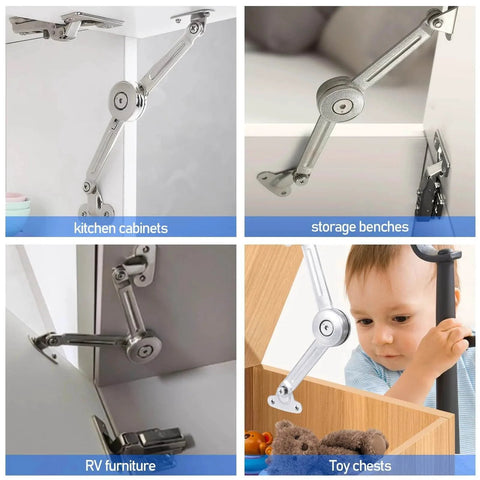 2 Pack Cabinet Lid Support Hinge, 50 lb Soft Close for Toy Box, Chest, Cabinet and RV, showing installation in various furniture