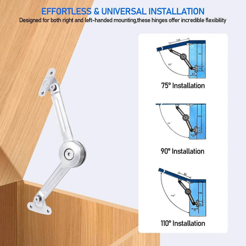 2 Pack Cabinet Lid Support Hinge, 50 lb Soft Close for Toy Box, Chest, Cabinet and RV, showing installation angles and positioning.