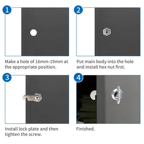 Installation instructions for Two Pack 5/8 Inch Thumb Operated Offset Cam Locks Chrome Non Locking Cabinet Latch Keyless Twist Replacement Lock for Mailbox Drawer RV Compartment Door.