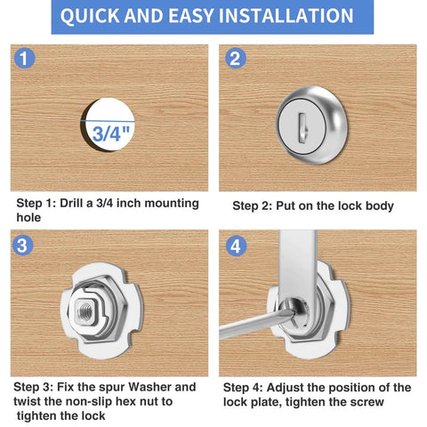 Installation steps for 2 Pack 2-1/8 Inch Cam Lock Set For Thick Cabinets And Drawers RV Storage And Tool Boxes Keyed Alike