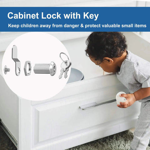 Three Pack Cabinet Locks With Keys One And One Eighth Inch Cam Locks Alike For Cabinets Drawers Doors RV Storage And Mailbox Zinc Alloy Security Lock Set For Tool Boxes And Storage Units with child trying to open drawer
