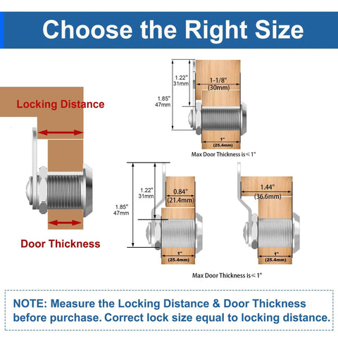 Diagram showing Three Pack Cabinet Locks With Keys One And One Eighth Inch Cam Locks Alike For Cabinets Drawers Doors RV Storage And Mailbox Zinc Alloy Security Lock Set dimensions.
