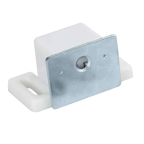 Close-up of Heavy Duty 15Lb High Rise Cabinet Magnetic Catch in white nickel finish with metal strike plate