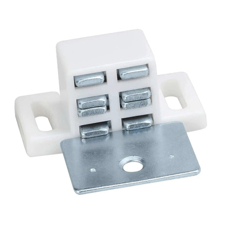 White nickel finish Heavy Duty 15Lb High Rise Cabinet Magnetic Catch with metal strike plate, showing secure latching design.