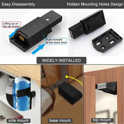 Heavy Duty Push Latch Cabinet Hardware With Magnetic Door Catch, 2 Pack, shown with installation examples and disassembly features