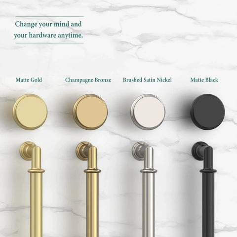Comparison of cabinet pull finishes in matte gold, champagne bronze, brushed satin nickel, and matte black on a marble background.