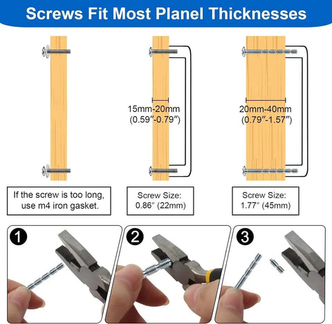 Diagram showing screw sizes for cabinet pulls fitting panel thicknesses 15-20mm and 20-40mm with installation instructions.