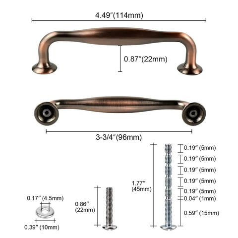 Dimensions and details of 6 Pack Cabinet Pulls 96mm Brushed Red Copper Antique Finish Solid Zinc Alloy Drawer Handles