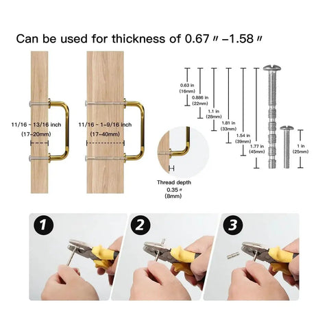Installation diagram for 10 Pack Champagne Bronze Cabinet Pulls 3 Inch Center Hole Solid Zinc Alloy Dresser Handles with screws.