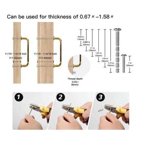 Diagram showing installation sizes for Six Pack Champagne Bronze Top Cabinet Pulls with images of tools adjusting pull fittings.