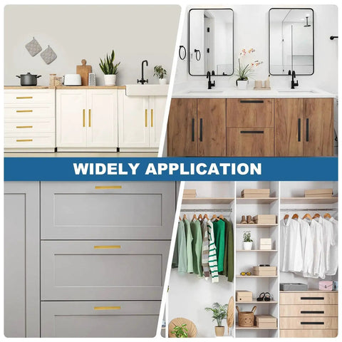 Two Pack Silver 5.5 Inch Square Cabinet Pulls Stainless Steel Drawer Handles for cupboards and drawers, demonstrated in various room setups.