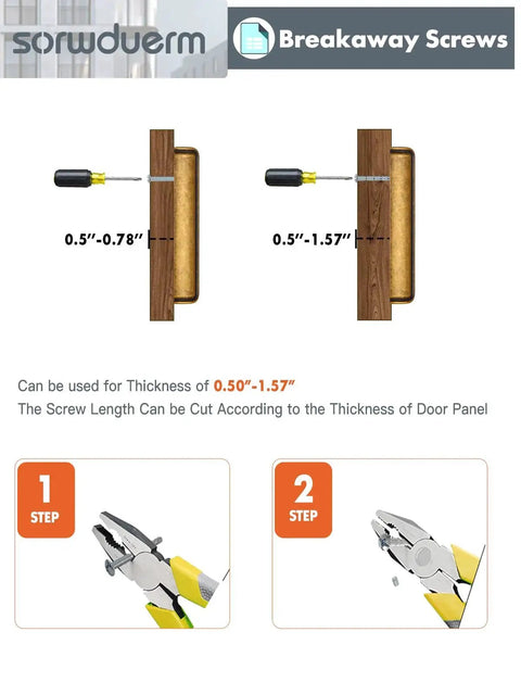 Diagram showing installation of breakaway screws with adjustable length illustration and cutting instructions.
