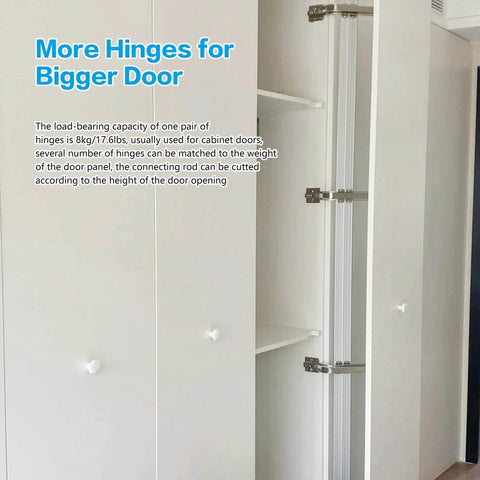 Open cabinet showing 2 Sets Opening Door Hinge Set 180° Parallel Opening Cabinet Wardrobe Door Sliding Load-Bearing 17.6lbs Heavy Duty Hinge