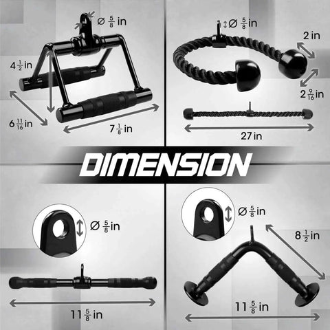 Combo Cable Attachment Set For Home Gym Includes Tricep Rope 27 Inch Double D Handle With Rubber Grips Straight Bar And V Bar dimensions.
