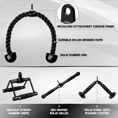 Combo Cable Attachment Set For Home Gym Includes Tricep Rope 27 Inch Double D Handle With Rubber Grips Straight Bar And V Bar