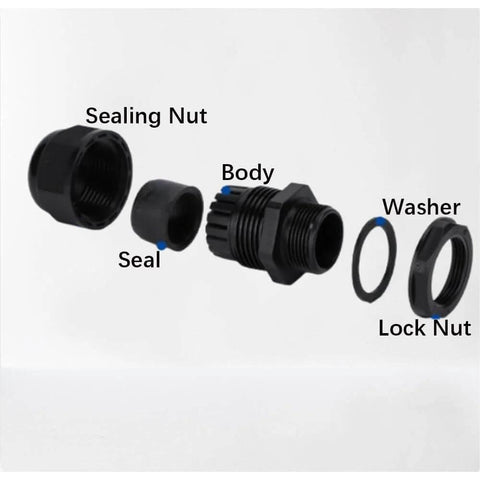 Exploded view of 10 Pack 1/2 Inch NPT Cable Gland Waterproof IP68 Nylon Pass Through Cord Grip Connector with parts labeled
