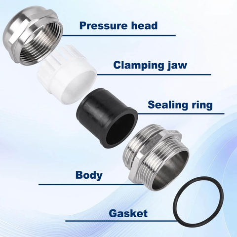 Exploded view of Beefy Three Quarter Inch NPT Nickel Plated Copper Waterproof Cable Glands Four Pack With IP68 Rating showing parts.