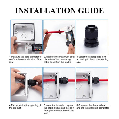 Installation guide showing steps to install M25x1.5 Cable Gland 2 Hole Waterproof IP68 Nylon Joint with adjustable locknut in an enclosure.