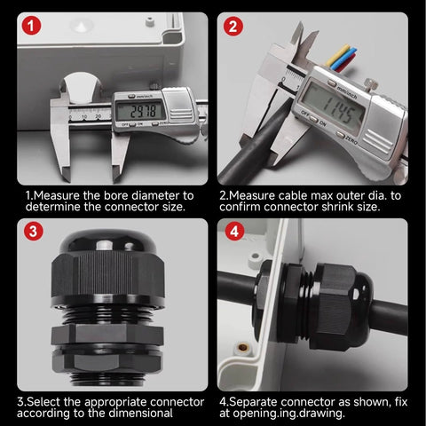 Installation steps for NPT 3/4 Inch Waterproof Cable Gland Kit For Harsh Environments, including measurement and assembly.