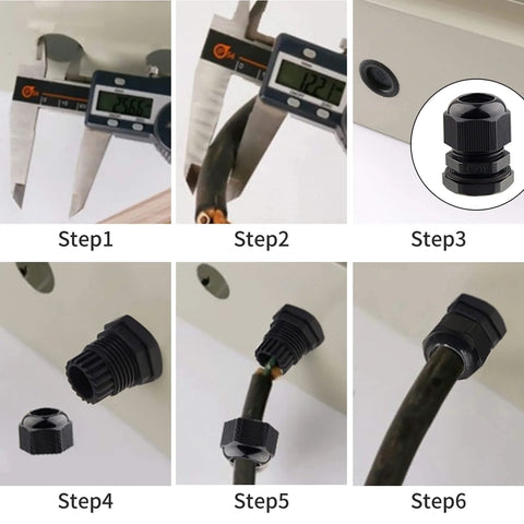 Installation process of Waterproof Cable Gland Kit 50 Pcs Adjustable 3 To 16mm With Gaskets in PP Box for use in outdoor enclosures.