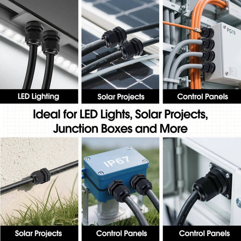 25 Pack Cable Gland Kit With IP68 Waterproof Nylon Cord Grips PG7 To PG16 for junction boxes, solar projects, control panels.