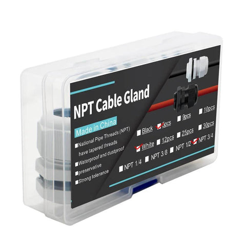 Cable Strain Relief Grommet Kit For Outdoor Electrical Installations, Five Pack NPT Three Quarter Inch, Waterproof Seals For Starlink And Satellite Cables, Fits 13 To 18 Millimeters, Rubber Clamp And Washer, Weatherproof, UV Resistant, Reusable Case in clear box with label.