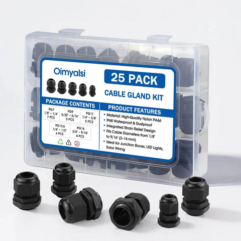 25 Pack Cable Gland Kit With IP68 Waterproof Nylon Cord Grips PG7 To PG16, dustproof and weatherproof for electrical use.