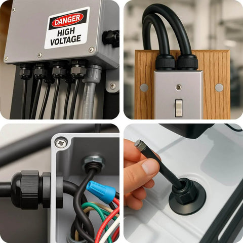 41 Piece PG Cable Gland Kit For Waterproof Junction Boxes And Cord Grip Strain Relief Includes PG7 PG9 PG11 PG13.5 PG16 PG19 IP68 Rated Sealing Kit For Cables And Wires In Outdoor Industrial Rugged Environments shown in various installation scenarios.