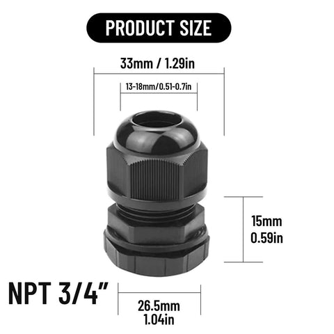 Adjustable NPT Cable Gland 1/4 to 1 Inch Range IP68 Waterproof Strain Relief Cord Connector shown with dimensions in black PA nylon.
