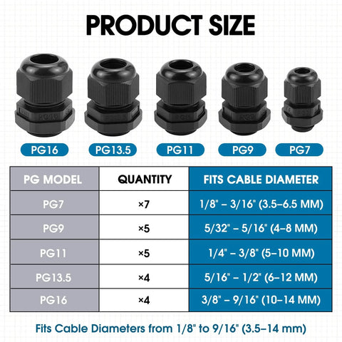 25 Pack Cable Gland Kit With IP68 Waterproof Nylon Cord Grips PG7 To PG16 for electrical junction box wiring size chart