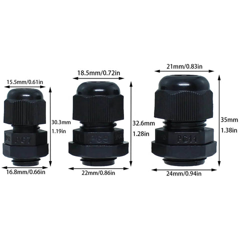 15Pcs Cable Gland Sealing Fittings Set For PG7 PG9 PG11 Plastic Cable Glands With Sealing Ring sizes shown with dimensions