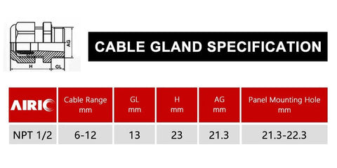 Specification diagram for 12 Pack Half Inch NPT Cable Glands Nylon PA66 IP68 Waterproof Adjustable Strain Relief, size details shown.