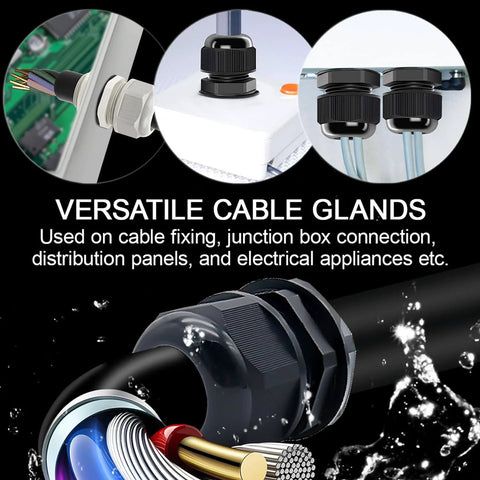 Image showing Five Pack NPT Three Eighths Inch Cable Glands Waterproof Adjustable Easy To Install For Cables From Five To Ten Millimeters Black Nylon Joints With Gaskets in use on various equipment and enclosures.