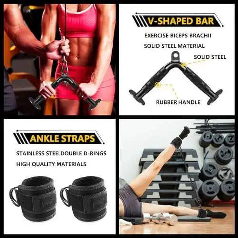 Complete Cable Machine Attachments Set For Home Gym Including V-shaped bar and ankle straps, used in gym exercises.