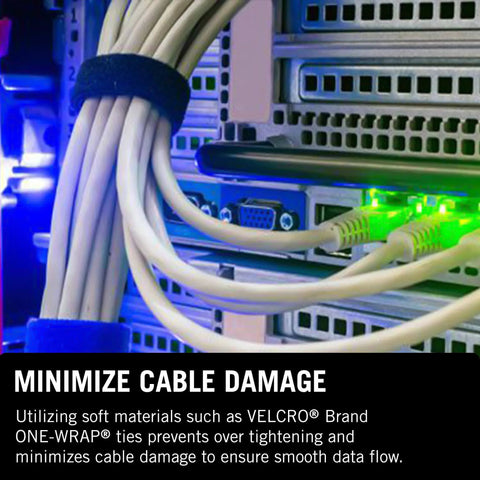 Image showing One Wrap Tape For Cable Management Double Sided Reusable Cable Organizer For Installers And Contractors Secure Hold Easy To Install Half Inch By Twenty Five Yard Roll used on cables in a server rack.