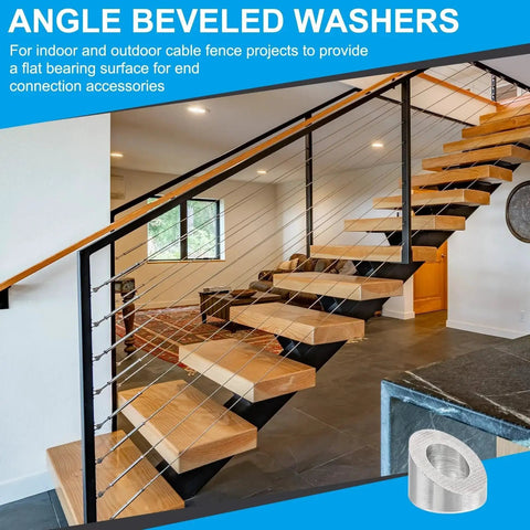 37° beveled washers for cable railing installation on indoor staircase, featuring 1/4 37 Degree Beveled Washer For Cable Railing T316 Stainless Steel 10 Pack