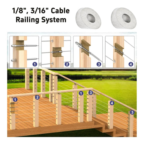 Illustration of 10 Pcs 30 Degree Beveled Washers For Cable Railing 316 Stainless Marine Posts in use on a deck system.