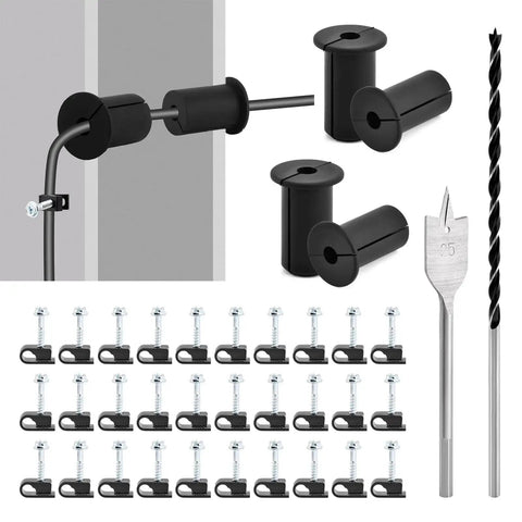 Efficient cable routing kit with four grommets, 30 clips, a one inch spade drill bit, and five sixteenth inch bits.