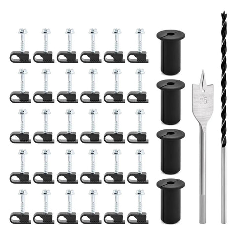 Efficient cable routing kit with four grommets, 30 clips, a one inch spade drill bit, and five sixteenth inch bits for tidy cabling