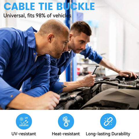 Mechanics using 100 Pcs Nylon Universal Cable Tie Buckle Kit With Pin And Button Design, UV Resistant Plastic Zip Ties for car repairs.