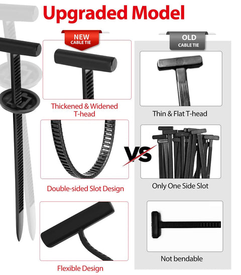 Comparison of upgraded and old cable ties showing design differences in a Nylon Universal Cable Tie Buckle Kit with Storage Box.