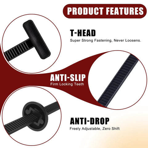 Close-up of T-head, anti-slip, and anti-drop features of 200 Pack Nylon Universal Cable Ties and Push Pin Rivet Fasteners for Car Repair.