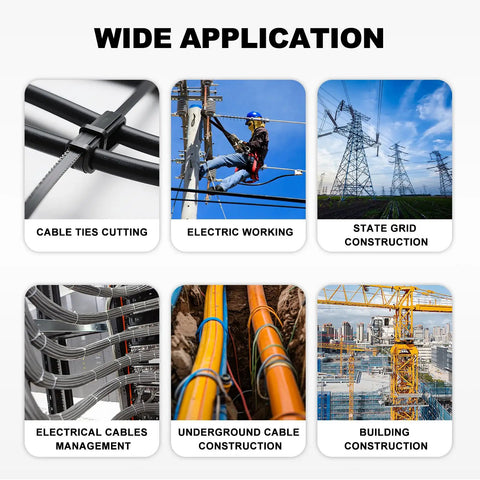 Collage of various applications: cable ties cutting, electric working, state grid construction, electrical cable management, underground cable, building construction.