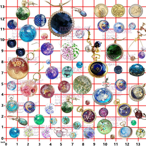 Variety of jewelry pieces made using cabochon gem resin silicone molds against a grid background.