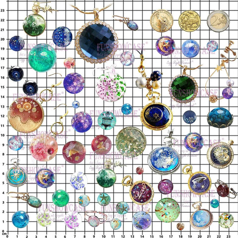 Various cabochon jewelry pieces made with cabochon gem resin silicone molds for jewelry making and cake decorating set of 2 trays.